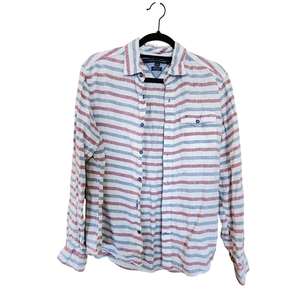 Tommy Hilfiger Mens Custom Fit Striped Button-Up Shirt M 100% Linen